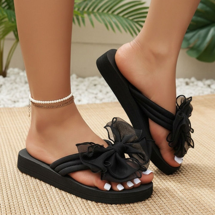 Black%20Mesh%20Bowknot%20Wedge%20Heel%20Flip%20Flops%20Woman%20Comfortable%20Lightweight%20Clip%20Toe%20Beach%20Slippers%20Woman%20Plus%20Size%2043%20Vacation%20Slide%20-%20Image%202