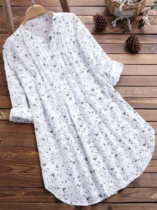 Plus Size Women's Shirts 2025 New White Long Sleeve Casual Cute Sweet Blouses Elegant Fashion Flower Printed Lapel Button Up Top