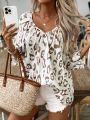 Plus Size Women Leopard Print Deep V-Neck Blouse Shirt Ladies 3/4 Sleeve Asymmetrical Shirt with Ruffled Hem & Ruched Detailing.