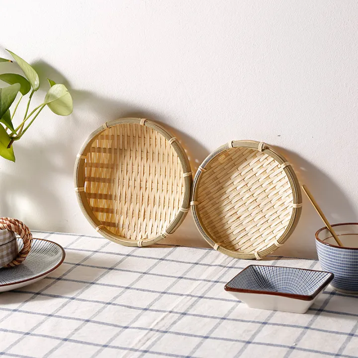 30cm Japanese Rattan Fruit Tray With Handle Storage Tray Pastoral Rattan Dish Bread Dessert Plate Kitchen Table Storage Basket