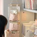 Pink Storage Bag Rack Canvas Wall Mounted Bedroom Storage Bag Multifunctional for Books, Jewelry, and Miscellaneous Items,. 