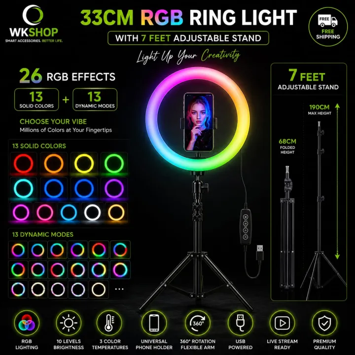 WKSHOP%2033CM%20RGB%20Ring%20Light%20with%207FT%20Adjustable%20Tripod%20Stand%20USB%20LED%20Selfie%20Ring%20Lamp%20for%20TikTok%20YouTube%20Live%20Streaming%20Makeup%20Photography%20Video%20Recording%20Mobile%20Holder%20Dimmable%20Studio%20Light%2026%20RGB%20Modes%203%20Color%20Temperatures%20for%20Creators%20Vloggers%20Gaming%20-%20Image%202