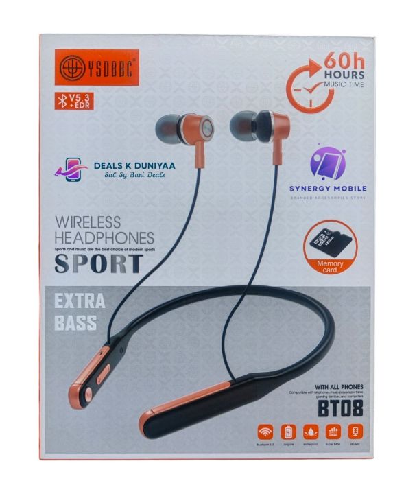 YSD BBC 100% Original Bluetooth Nackband headset - Memory Card Also Supported - Model - BT 08 - Bluetooth Version 5.3 - Very High Quality Sound and Bass - 20 Hours Battery Backup