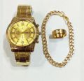PACK OF 3/MEN'S FASHION WEDDING DEAL -FASHION HIGH QUALITY GOLDEN LUXURIES STAINLESS STEEL ROUND DIAL WITH STAINLESS STEEL STRAPS WATCH WITH GOLDEN CHAIN BRACLET WITH TITANIUM STAINLESS STEEL GOLDEN RING FOR MEN AND BOYS. 