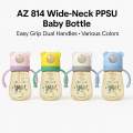 AZ 814 Premium PPSU Wide-Neck Baby Feeding Bottle with Bear-Shaped Cap, Dual Handles & Anti-Colic Straw – 320ml – BPA Free – Leak-Proof Design for Easy Grip & Transition Feeding (Available in Pink, Yellow, White & Blue). 