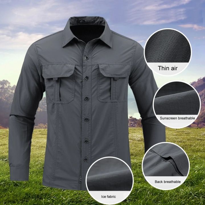 Men's Lightweight Quick-Drying Shirt Tactical Casual Military Long-Sleeved Cargo Shirt Breathable Sport Sunscreen Top T-Shirt