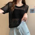 Casual Women Beach Slim Tops O-Neck Summer Sexy Hollow Out Knitting Shirt Women Chic Short Sleeved Knit T-shirt. 