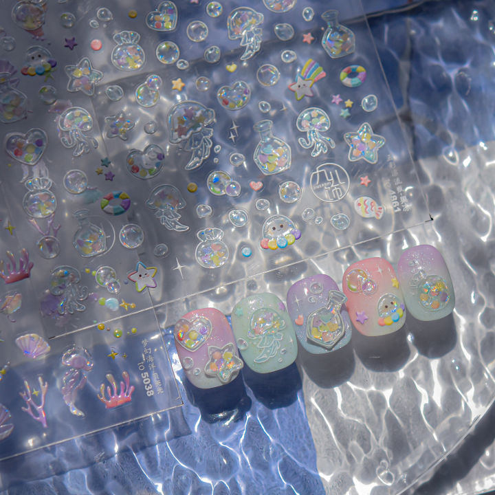 Bottled Bagged Stars Swimming Rings Rainbow Jellyfish Bubbles Stars Summer Ocean Self Adhesive Nail Art Sticker Manicure Decal