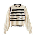 women Black and white striped fake two-piece knitted sweaters pring and autumn Korean soft glutinous pullover sweater female. 