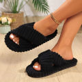 Solid Striped Women's Cotton Fabric Slippers Indoor Cross Strap Open Toe Flat Flip Flops Autumn Lightweight Comfort Slides. 