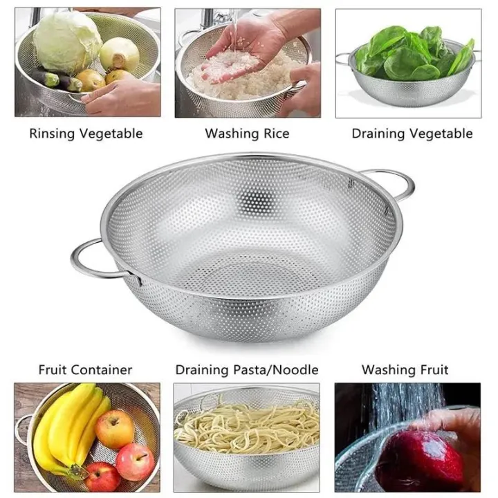 Stainless Steel Colander Food Strainer Basket with Dual Handle Multi Function Rice Washer Vegetable & Fruits Washer Strainer Pasta Chowmein Strainer Drain Basin 26cm 29cm 31cm 42cm