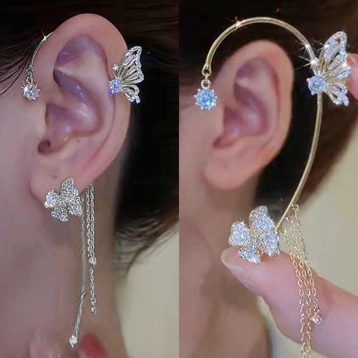 Korean Gold Silver Color Crystal Butterfly Ear Clip For Women Sparkling Rhinestone Ear Cuff Sweet Clip Earrings Wedding Jewelry