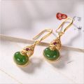 Silver inlaid natural Hetian Jasper Froude gourd Earrings Chinese retro palace style women's Christmas Halloween Gift. 
