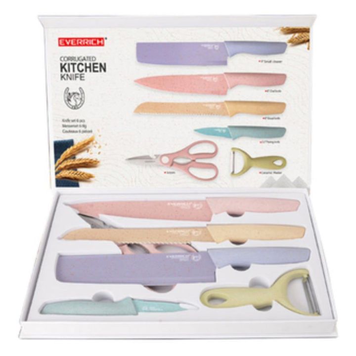 Colorful Knife Set for 6 Pieces, High Carbon Steel Kitchen Knife Set, Environmental Wheat Straw Material Handle, Sharp All-purpose Professional Chef Knife with Gift Box YIPFUNG