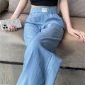 Thin Denim Trousers Letter Elastic Waist Pockets Casual Straight Wide Leg Long Pants Woman Clothing Summer High Street Blue New. 