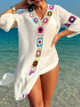 Fashion Style Hand Crochet Flower Block Beachwear Cover Up Beach Holiday Casual See-Through Dress Breathable Sunscreen Smock. 