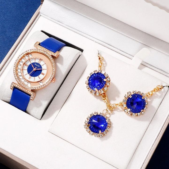 Women's Fashion Quartz Watch Blue Leather Band Analog WristWatch Luxury Ladies Classic Simple Dress Watches Jewelry Set Clock