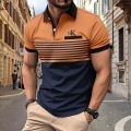 Men's Color Block Short Sleeve Golf Shirt with Chest Pocket - Perfect for Summer Casual Wear. 