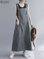 ZANZEA Women Sleeveless Maxi Dress Fashion Workwear Pockets Vestidos 2023 Summer Adjustable Shoulder Straps Dresses Streetwear. 