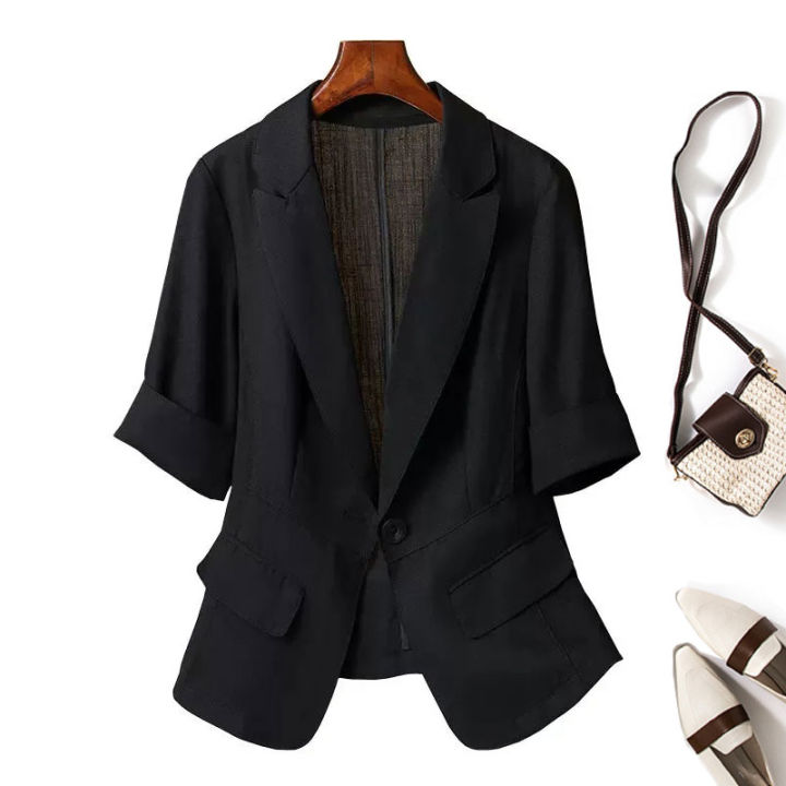 Black Solid Casual Turn-Down Collar Single Button Short Sleeve Women's Jacket Suit Blazer Short Coat Woman Clothing Fashion 2024
