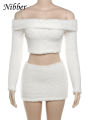 Nibber Solid Furry Two Piece Set Women Autumn Winter Elegant Slash Neck Crop Tops+Mini Skirts Casual Skinny Streetwear Outfits.