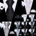 Barry.Wang Black White Gray Silver Men Tie Handkerchief Cufflinks Set Jacquard Necktie for Male Wedding Business Party Gift.