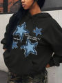 Retro Blue Star Printed Women Hoodie Casual Multicolor Hoody Vintage Loose Y2K Hoodies Comfortable Fleece Woman Clothing. 
