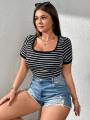 Hot Sale Leisure Striped Versatile Comfortable F-Neck Plus Size Women's T-Shirt.