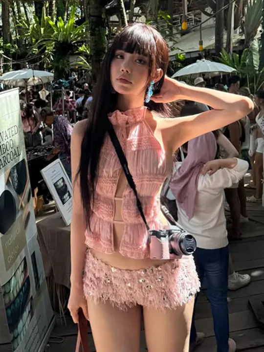 Nibber%20Chic%20Sweet%202Piece%20Set%20Women%20Backless%20Edible%20Tree%20Fungus%20Lace-Up%20Ruched%20Hollow%20Thin%20Tank%20Top+Furry%20Sequins%20Shorts%20Clubwear%20-%20Image%204