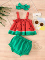 Baby Girl Watermelon Three-Piece Set: Suspender Dress, Shorts, Headband, Summer Cute Fruit-Themed Outfit. 