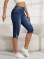 Women Slim-Fit Capri Denim Jeans Button Pockets Zipper Casual Style Denim Pants Fashionable Deep Blue Denim Calf-Length Pants. 