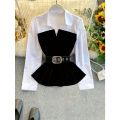 Gadinus Women Two Tone Peplum Belted Shirt Blouse Contrast Panel Long Sleeve Elegant Button Top.