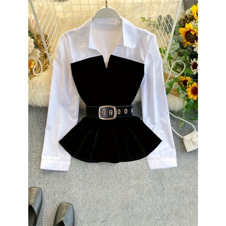 Gadinus Women Two Tone Peplum Belted Shirt Blouse Contrast Panel Long Sleeve Elegant Button Top