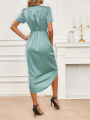 Elegant Satin Summer Dress 2024 Women V-Neck Dress Short Sleeve Satin Maxi Midi Dress Silk V Neck Evening Party Female for Prom.