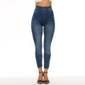 Women's Denim Print Seamless Full Leggings High Waist Tummy Control Leggings Slim Pencil Trousers. 