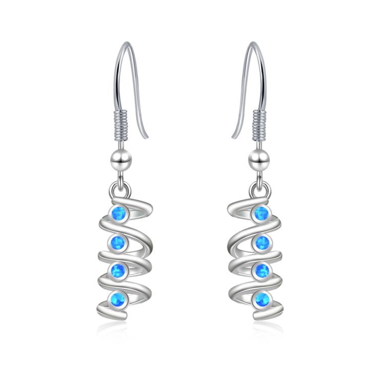 Fashion Spiral Blue Opal Earrings for Women,Opal Stone White K Plated Dangle Drop Earrings,Elegant Minimalist Wedding Gift for