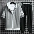 Set for Men Summer Men's Sports Suit 2-piece Print T-shirt Casual Hooded Quick Dry Running Long Pant Clothes Short Sleeve Shorts. 