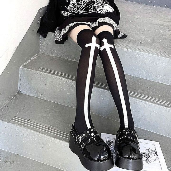 Japanese%20Harajuku%20Long%20Socks%20Festival%20Party%20Cross%20Cosplay%20Black%20Stockings%20Dark%20Gothic%20Y2K%20Knee%20Thigh%20Socks%20for%20Women's%20Skirts%20-%20Image%204