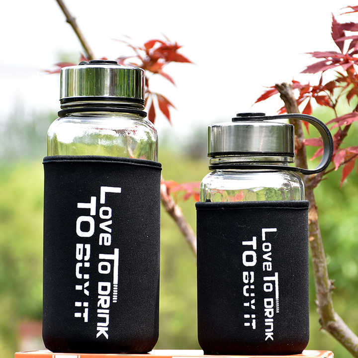Portable Glass Water Bottle with Protective Bag, 1300ml/700ml 300ml Sports Outdoor Water Bottles, Travel Heat Proof Drinking Teapot Black 1200ML