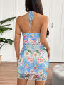 Women Halter Neck Dresses Summer Elegant Lady  Lace Backless Hollow Out Dresses Clothing New Streetwear Fashion Print Dress. 
