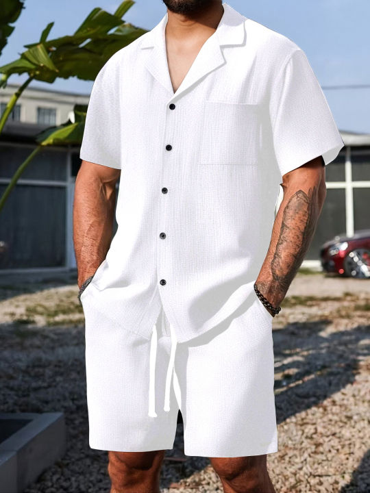 New Men's Summer Casual Sport 2 Piece Sets Fashion Cotton Linen Short Sleeve Shirt and Shorts Suit Men Loose Sport Shirt Outfits