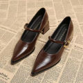 2025 Premium Leather Mary Janes - French Vintage Pointed Toe Pumps Chunky Heel Single Strap Shoes Buckle Decor.