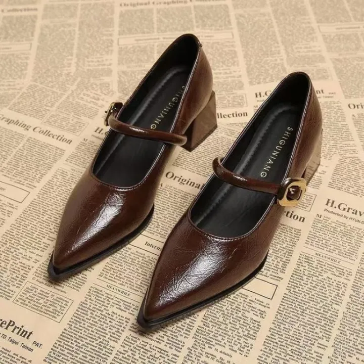 2025%20Premium%20Leather%20Mary%20Janes%20-%20French%20Vintage%20Pointed%20Toe%20Pumps%20Chunky%20Heel%20Single%20Strap%20Shoes%20Buckle%20Decor%20-%20Image%203