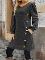 Elegant Plus Size Women's Dress Autumn Winter, Round Neck Long Sleeve Button Pocket Fashion Dress.