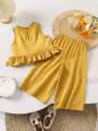 Girls Round Neck Sleeveless Top With Ruffled Hem And Loose Casual Pant Outfit Dress. 