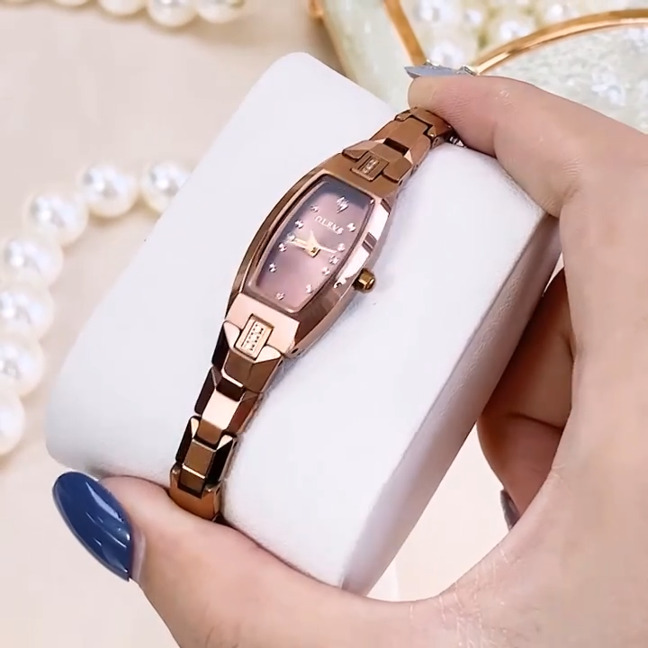 DISHIDU Slim Thin Watch for Women Luxury Tungsten Steel Band Tonneau Design Square Shape Elegant Diamond Quartz Ladies Watch