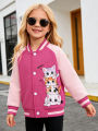 Little girl's cartoon baseball jacket with heart-shaped cat pattern, suitable for children's casual outdoor daily activities.
