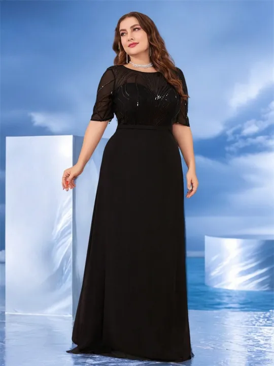 Plus%20Size%20Elegant%20Short%20Sleeves%20Sequin%20Formal%20Evening%20Dress%20Women%20Chiffon%20Black%20Mermaid%20Bridesmaid%20Party%20Maxi%20Prom%20-%20Image%203