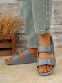 Men's Teen Mules New Summer Retro Casual Slip-On Slippers Eva One-Piece Molded Double-Strap Half-Slip Flat Slippers with Adjustable Buckle.