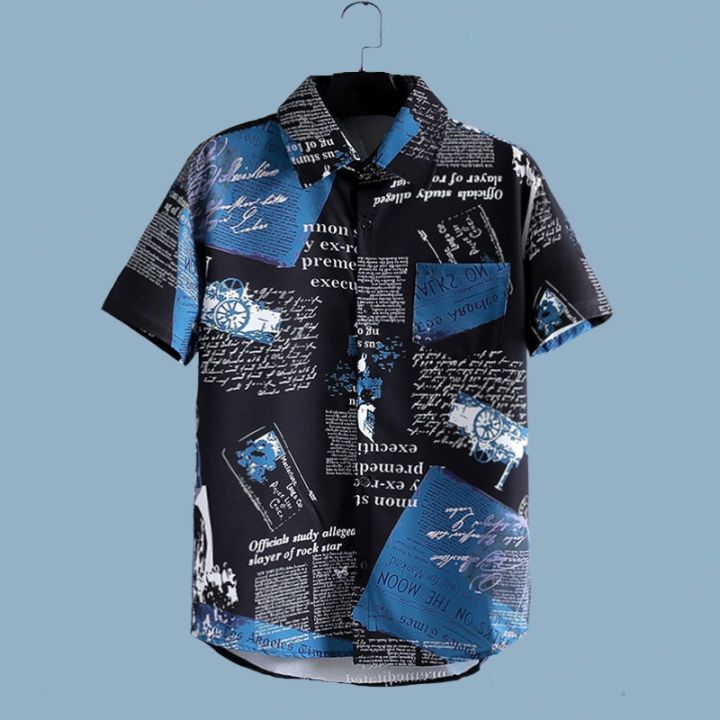 Newspaper%20Print%20Shirt%20and%20Shorts%20Set%20Men's%20Summer%20Beach%20Travel%20Thin%20Short%20Sleeve%20Loose%20Large%20Size%20Casual%20Suit%20-%20Image%203